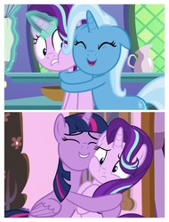 Size: 3106x4096 | Tagged: safe, screencap, starlight glimmer, trixie, twilight sparkle, alicorn, pony, unicorn, a royal problem, all bottled up, g4, comparison, cute, diatrixes, eyes closed, female, floppy ears, glimmerbetes, hape, hug, mare, twiabetes, twilight sparkle (alicorn)