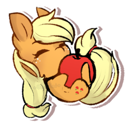 Size: 438x426 | Tagged: safe, artist:urbanqhoul, applejack, earth pony, pony, g4, apple, chibi, cute, eyes closed, female, food, jackabetes, mare, micro, simple background, solo, tiny ponies, transparent background