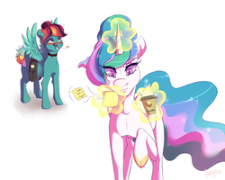 Size: 1280x1024 | Tagged: safe, artist:qatsby, princess celestia, oc, oc:zipper breeze, pegasus, pony, g4, blushing, blushing profusely, cloven hooves, coffee, coffee cup, crush, cup, female, heart, heart eyes, levitation, love note, magic, mare, misspelling, offspring, one sided shipping, parent:rainbow dash, parent:zephyr breeze, parents:zephdash, raised hoof, simple background, spread wings, telekinesis, white background, wingboner, wingding eyes, wings
