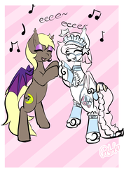Size: 2893x4092 | Tagged: safe, artist:pastel-pony-princess, oc, oc only, oc:midnight song, oc:sylphie, bat pony, bat pony oc, bipedal, bridle, choker, clothes, duo, eeee, eyes closed, headdress, holding hooves, microphone, singing, socks, tack