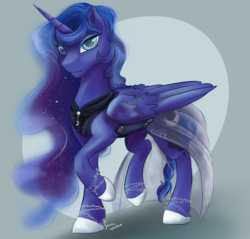 Size: 2400x2296 | Tagged: safe, artist:firimil, princess luna, alicorn, pony, fanfic:the folly of princesses, g4, clothes, dress, female, high res, mare, raised hoof, simple background, solo
