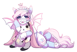 Size: 2042x1386 | Tagged: safe, artist:hoatzzin, oc, oc only, oc:sylphie, bat pony, bow, bridle, clothes, headdress, heart eyes, plushie, simple background, socks, solo, tack, tail bow, tongue out, white background, wingding eyes