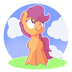 Size: 2560x2560 | Tagged: safe, artist:vaetan, scootaloo, pegasus, pony, g4, cloud, cute, cutealoo, female, filly, foal, folded wings, grass, high res, simple background, smiling, solo, transparent background, wings