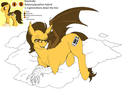 Size: 5000x3955 | Tagged: safe, artist:longinius, edit, oc, oc only, oc:keystroke, hybrid, cloud, fangs, glasses, looking at you, male, reference sheet, smiling, smirk, solo, wings