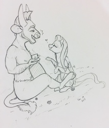 Size: 2801x3295 | Tagged: safe, artist:qatsby, fluttershy, iron will, g4, cup, cute, eyes closed, female, heart, high res, male, monochrome, pencil drawing, ship:ironshy, shipping, straight, teacup, traditional art, willabetes