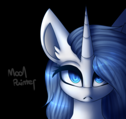 Size: 620x584 | Tagged: safe, artist:umiimou, oc, oc only, oc:moon painter, pony, unicorn, :<, black background, bust, ear fluff, eyelashes, female, hair over one eye, looking at you, mare, portrait, simple background, solo