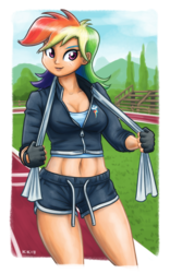Size: 998x1600 | Tagged: safe, artist:king-kakapo, rainbow dash, human, g4, abs, belly button, blue hair, breasts, cleavage, clothes, cloud, cutie mark, day, female, fingerless gloves, gloves, grass, green hair, humanized, jacket, light skin, looking at you, midriff, multicolored hair, orange hair, outdoors, purple hair, red hair, running track, short hair, shorts, signature, sky, smiling, solo, sports bra, thighs, towel, tree, yellow hair, zipper