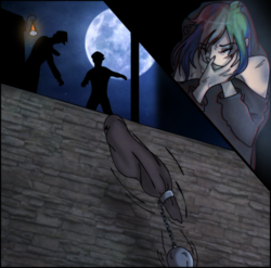 Size: 1280x1265 | Tagged: safe, artist:isadamu, artist:stuflox, rainbow dash, human, the count of monte rainbow, g4, ball and chain, book, clothes, collaboration, covering, crossover, edmond dantes, eyes closed, full moon, holding breath, humanized, moon, night, novel, rainbow dantes, sack, stars, story in the source, story included, the count of monte cristo