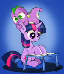 Size: 1312x1529 | Tagged: safe, artist:dsana, spike, twilight sparkle, pony, g4, baby, baby spike, book, cute, duo, ear bite, female, filly, filly twilight sparkle, sitting, spikabetes, table, younger