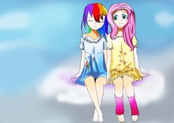 Size: 1024x724 | Tagged: safe, artist:ran, fluttershy, rainbow dash, human, g4, clothes, cloud, cutie mark on clothes, duo, eyes closed, female, holding hands, humanized, leg warmers, lesbian, on a cloud, outdoors, ship:flutterdash, shipping, sitting, smiling