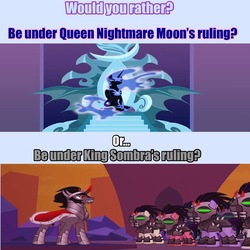 Size: 1024x1024 | Tagged: safe, edit, edited screencap, screencap, king sombra, nightmare moon, g4, the cutie re-mark, alternate timeline, alternate universe, crystal war timeline, mind control, nightmare takeover timeline, sombra soldier, would you rather