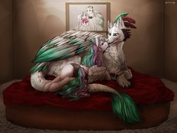 Size: 2291x1721 | Tagged: artist needed, source needed, safe, princess celestia, oc, oc:arculascrain, alicorn, pony, g4, bed, bedroom eyes, bouquet, canon x oc, celescrain, clothes, dress, duo, eye contact, female, frilly underwear, hoof hold, interspecies, looking at each other, mare, open mouth, panties, prone, shipping, smiling, underwear, wedding dress, wedding photo