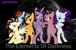 Size: 3440x2288 | Tagged: safe, artist:diamond-bases, artist:drkrd, applejack, fluttershy, pinkie pie, rainbow dash, rarity, twilight sparkle, alicorn, pony, g4, base used, elements of darkness, evil, evil applejack, evil fluttershy, evil mane six, evil pinkie pie, evil rainbow dash, evil rarity, evil twilight, fresh princess and friends' poses, fresh princess of friendship, high res, mane six, twilight sparkle (alicorn)