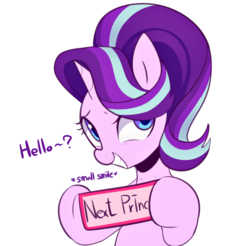 Size: 1500x1474 | Tagged: safe, artist:maren, starlight glimmer, pony, unicorn, ask glim glam, cute, female, glimmerbetes, grin, hair over one eye, hello, hilarious in hindsight, hoof hold, looking at you, mare, sign, simple background, smiling, solo, squee, underhoof, white background