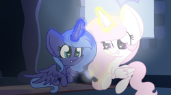 Size: 1024x575 | Tagged: safe, artist:crystal-drop48, princess celestia, princess luna, g4, cewestia, cute, cutelestia, duo, female, filly, filly luna, heart, heart eyes, lunabetes, pink-mane celestia, royal sisters, sisters, wingding eyes, woona, younger