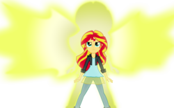 Size: 1440x900 | Tagged: safe, artist:ngrycritic, sunset shimmer, equestria girls, g4, artificial wings, augmented, clothes, female, jacket, leather jacket, magic, magic wings, pants, shirt, simple background, solo, sunset phoenix, transparent background, wings