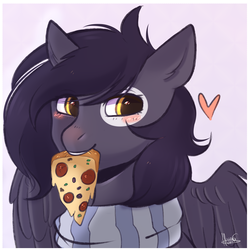 Size: 3000x3000 | Tagged: safe, artist:pesty_skillengton, oc, oc only, pegasus, pony, clothes, commission, cute, female, food, heart, high res, meat, mouth hold, pepperoni, pepperoni pizza, pizza, ponies eating meat, scarf, solo, spotlight