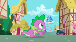 Size: 1279x720 | Tagged: safe, screencap, spike, dragon, g4, secret of my excess, cupcake, food, gem, impossibly long tongue, long tongue, male, ponyville, sapphire, sapphire cupcake, solo, tongue out