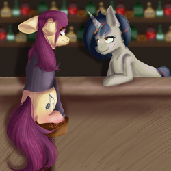 Size: 2000x2000 | Tagged: safe, artist:problemautumn, oc, oc only, oc:ana falkenhart, oc:autumn breeze, earth pony, pony, unicorn, bar, high res