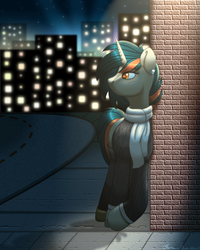 Size: 800x1000 | Tagged: safe, artist:harmonicdazzle, oc, oc only, oc:ana falkenhart, pony, unicorn, brick wall, city, cityscape, clothes, jacket, night, road, scarf, solo