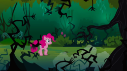 Size: 1280x719 | Tagged: safe, screencap, pinkie pie, earth pony, pony, g4, too many pinkie pies, brambles, everfree forest, female, forest, mare, smiling, solo, walking