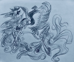 Size: 1280x1081 | Tagged: safe, artist:candasaurus, princess luna, pony, g4, blue, blue background, female, ink drawing, mare, monochrome, simple background, smiling, solo, traditional art