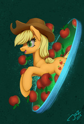 Size: 1500x2209 | Tagged: safe, artist:1jaz, applejack, earth pony, pony, g4, apple, female, food, happy, mare, portal, smiling, solo, that pony sure does love apples