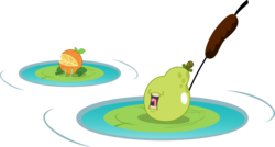 Size: 2728x1464 | Tagged: safe, artist:punzil504, orange frog, g4, biting pear of salamanca, cattails, food, fruit, lilypad, meme, pear, reeds, simple background, transparent background, vector, wat, water