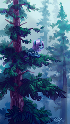 Size: 2125x3779 | Tagged: safe, artist:holivi, oc, oc only, pony, unicorn, commission, female, forest, high res, leonine tail, mare, pine tree, scenery, sitting, sitting in a tree, solo, tree, unshorn fetlocks, vertical