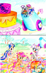 Size: 1032x1611 | Tagged: safe, artist:liaaqila, edit, rainbow dash, scootaloo, twilight sparkle, twilight velvet, alicorn, pegasus, pony, unicorn, g4, :t, bipedal, cake, cannon, chest fluff, color porn, comic edit, commission, cute, derp, ear fluff, eating, eyestrain warning, fan, female, filly, fluffy, food, food fight, frown, glare, goggles, grin, gritted teeth, hoof over mouth, levitation, liaaqila is trying to murder us, magic, mare, messy, messy eating, mother and daughter, needs more saturation, open mouth, party cannon, pony cannonball, raised hoof, raised leg, scootalove, silly, silly pony, smiling, smirk, spread wings, telekinesis, this will end in tears, throwing, traditional art, twilight sparkle (alicorn), underhoof, wide eyes, wings, worried
