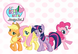 Size: 695x485 | Tagged: safe, applejack, fluttershy, pinkie pie, twilight sparkle, earth pony, pegasus, pony, unicorn, g4, cardboard twilight, doki doki literature club!, group, heart, parody, pen, polka dot background, quartet, smiling, unicorn twilight