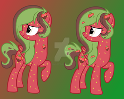 Size: 1279x1022 | Tagged: safe, artist:rose-moonlightowo, oc, oc only, food pony, original species, pegasus, pony, female, food, mare, solo, strawberry pony, watermark