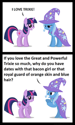 Size: 750x1250 | Tagged: safe, artist:mixermike622, edit, trixie, twilight sparkle, pony, g4, 2 panel comic, bilight sparkle, comic, duo, female, implied bisexual, implied flash sentry, implied flashlight, implied lesbian, implied shipping, implied sunset shimmer, implied sunsetsparkle, jealous, romantic jealousy, ship:twixie, shipping