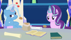 Size: 713x405 | Tagged: safe, artist:agrol, starlight glimmer, trixie, pony, unicorn, magic lessons, g4, animated, bad pony, book, bored, cookie, eating, female, food, glowing horn, horn, magic, mare, newspaper, pure unfiltered evil, smiling, table