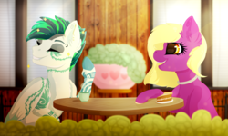 Size: 4000x2400 | Tagged: safe, artist:isorrayi, oc, oc only, earth pony, pegasus, pony, cake, female, food, high res, mare, table
