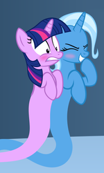 Size: 332x554 | Tagged: safe, artist:navitaserussirus, trixie, twilight sparkle, genie, asktwixiegenies, g4, blue background, blush sticker, blushing, cropped, female, geniefied, lesbian, ship:twixie, shipping, simple background