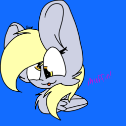 Size: 1024x1024 | Tagged: safe, artist:circuspaparazzi5678, derpy hooves, pegasus, pony, g4, blue background, bust, cute, derpabetes, female, mare, simple background, solo, tongue out