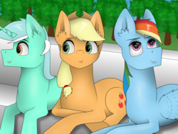 Size: 1024x768 | Tagged: source needed, useless source url, safe, artist:zeronitroman, applejack, lyra heartstrings, rainbow dash, g4, group, hanging