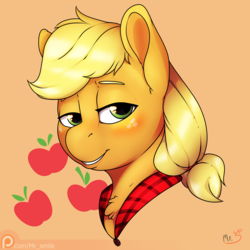 Size: 4000x4000 | Tagged: safe, artist:mr.smile, applejack, g4, blushing, bust, clothes, cutie mark, female, flannel, looking at you, patreon, patreon logo, portrait, simple background, smiling, solo