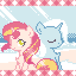 Size: 768x768 | Tagged: safe, artist:theratedrshimmer, sunset shimmer, trixie, pony, unicorn, g4, beach, eyes closed, female, horn, looking back, mare, pixel art, sky, sun rays, water