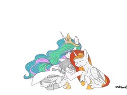 Size: 2000x1500 | Tagged: artist needed, safe, princess celestia, oc, oc:king phoenix, oc:light knight, alicorn, pegasus, pony, g4, alicorn oc, armor, canon x oc, cape, celenix, clothes, crown, eyes closed, jewelry, lightestia, regalia, simple background, smiling, trio, white background