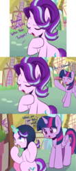 Size: 2000x4500 | Tagged: safe, artist:maren, starlight glimmer, twilight sparkle, alicorn, pony, unicorn, ask glim glam, g4, building, comic, cute, female, glowing horn, horn, magic, mare, ponyville, scenery, talking, telekinesis, town, twilight sparkle (alicorn), wings