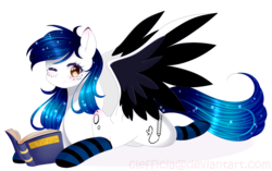 Size: 1732x1088 | Tagged: safe, artist:clefficia, oc, oc only, pegasus, pony, book, clothes, female, mare, simple background, socks, solo, stockings, striped socks, thigh highs, transparent background