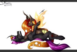 Size: 2130x1438 | Tagged: source needed, safe, alternate version, artist:silver harnesss, princess celestia, oc, oc only, oc:king dorigan, changeling, changeling queen, changeling king, changeling queen oc, dorestia, duo, female, male, oc x oc, orange changeling, purple changeling, shipping, straight