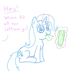 Size: 1024x1024 | Tagged: safe, artist:solarfm, trixie, pony, unicorn, g4, cute, dialogue, diatrixes, eating, female, food, glowing horn, herbivore, horn, horses doing horse things, implied starlight glimmer, inconvenient trixie, lettuce, levitation, magic, mare, offscreen character, simple background, sitting, solo, telekinesis, white background