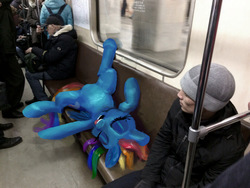 Size: 960x720 | Tagged: safe, artist:xbi, rainbow dash, human, pegasus, pony, g4, belly fluff, cheek fluff, ear fluff, eyes closed, female, fluffy, irl, jerk, leg fluff, mare, moscow metro, on back, open mouth, photo, ponies in real life, russia, sitting, sleeping, spread legs, spreading, tongue out