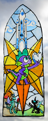Size: 2056x5152 | Tagged: safe, artist:malte279, princess ember, spike, thorax, changeling, dragon, g4, crystal empire, crystal heart, stained glass, traditional art, window color