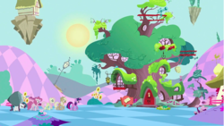 Size: 1282x723 | Tagged: safe, screencap, applejack, fluttershy, pinkie pie, rarity, tom, twilight sparkle, earth pony, pegasus, pony, unicorn, g4, the return of harmony, boulder, chaos, day, discorded landscape, female, floating island, golden oaks library, mane six, ponyville, single file, tree, unicorn twilight