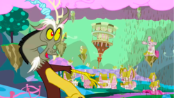 Size: 1281x720 | Tagged: safe, screencap, discord, draconequus, g4, the return of harmony, chaos, chocolate, chocolate rain, cloud, cotton candy, cotton candy cloud, cute, discorded landscape, discute, floating island, food, green sky, male, ponyville, ponyville town hall, rain, solo, upside down, windmill