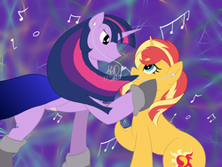Size: 3264x2448 | Tagged: safe, artist:crimsonglow, sunset shimmer, twilight sparkle, alicorn, pony, unicorn, g4, alternate clothes, cape, clothes, earbuds, female, headphones, heart, high res, lesbian, listening, listening to music, looking at each other, music notes, older, sharing, sharing headphones, ship:sunsetsparkle, shipping, smiling, twilight sparkle (alicorn)